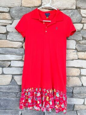 Polo Ralph Lauren Girls Red Polo Dress Fish Print Ruffle Hem Size L 12-14